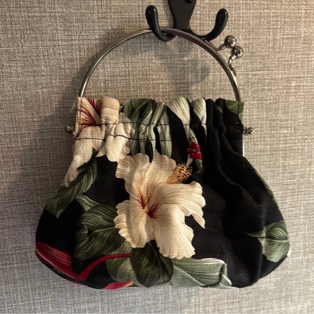 Black and Green Floral Clutch with Vintage Metal Frame